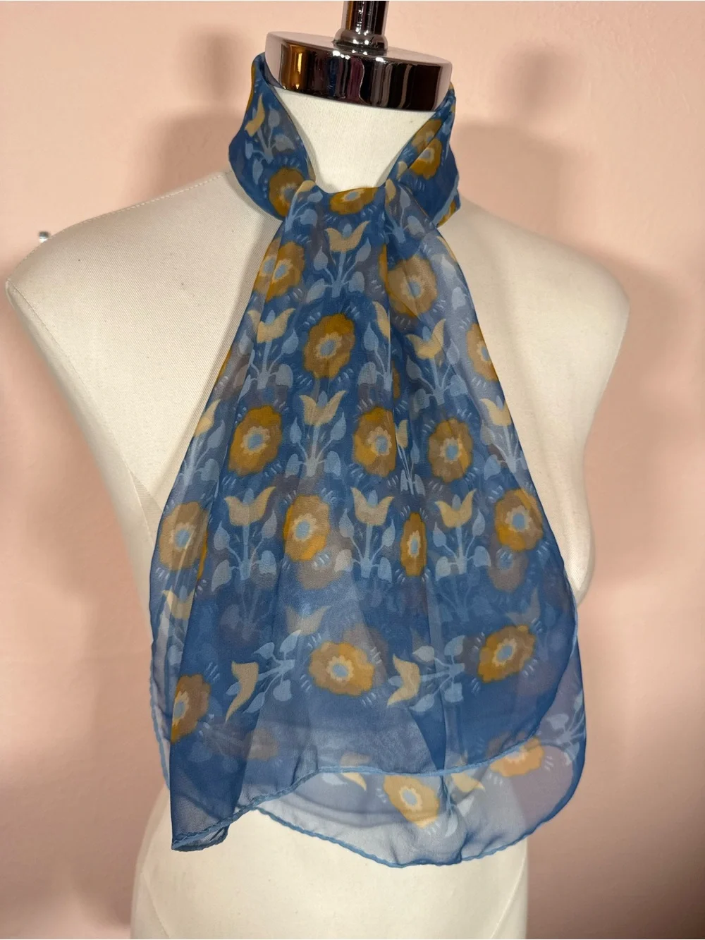 Vintage Cottagecore floral semi sheer blue tan long rectangular scarf